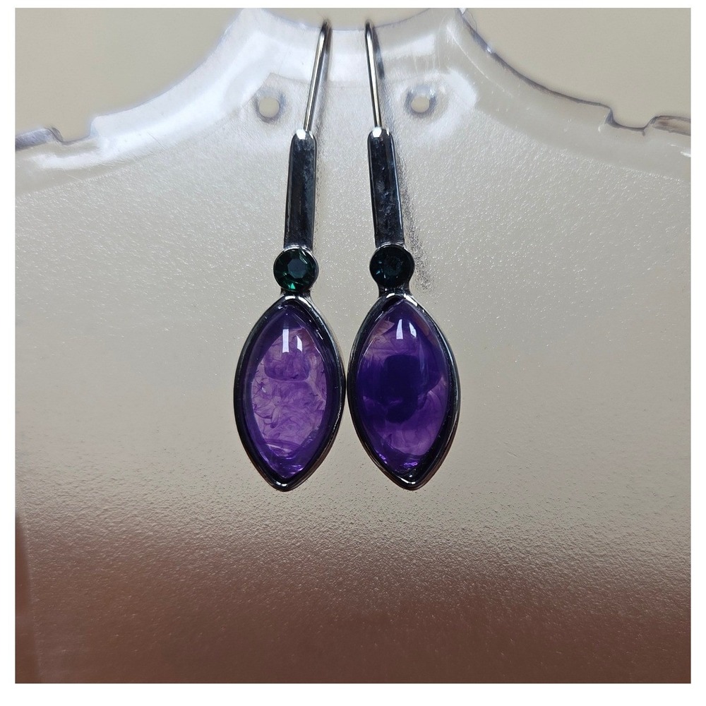 Purple Marquise Green Accent Silver Tone Drop Earrings Shepherd Hook Dangle